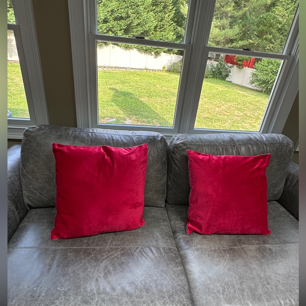 Set of 2 decorative red throw pillows with black/white stitching
